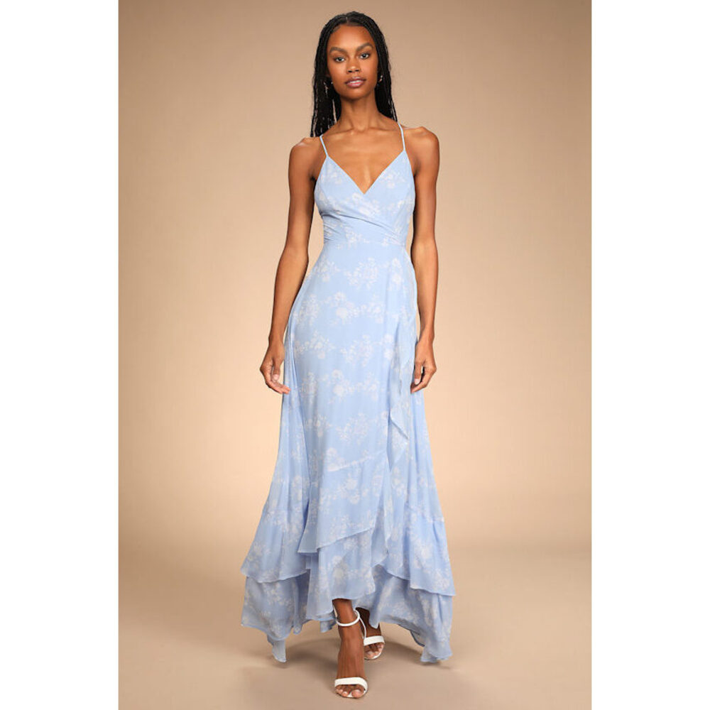 Light Blue Floral Lace-up High-low Maxi Dress - Size S
